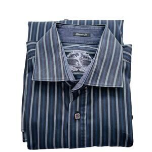 BUGATCHI Men's Shirt L Black Gray Striped Long Sleeve Dress Casual Button Down